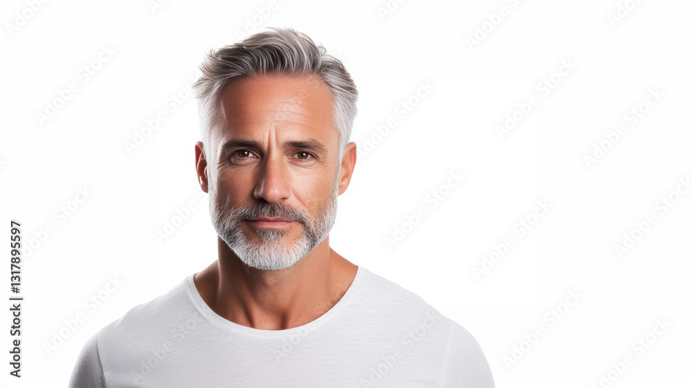 Obraz premium mature man with gray hair and beard, wearing white shirt, smiling confidently.