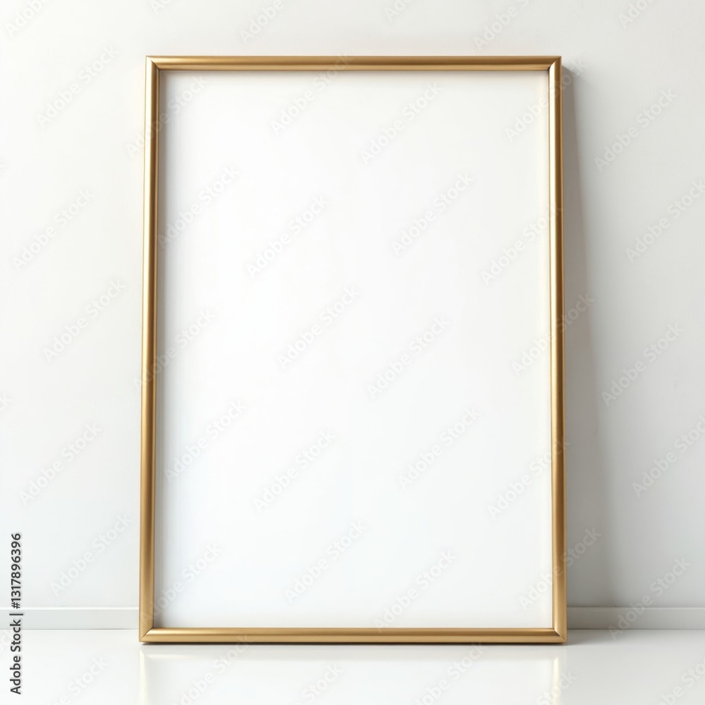Mockup with golden frame stands near white wall. Luxury home decor, design showcase for poster print, printable art, online shop. Elegant interior background, furniture element, copy space for Mockup with golden frame stands near white wall. Luxury home decor, design showcase for poster print, printable art, online shop. Elegant interior background, furniture element, copy space for