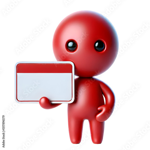 Cute red 3d man holding blank card isolated on white background