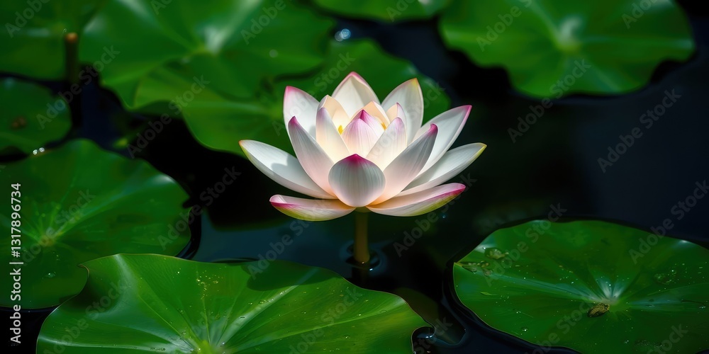 Fototapeta premium A radiant lotus flower floating gracefully on water, symbolizing unity with the universe and inner peace, peaceful, harmony
