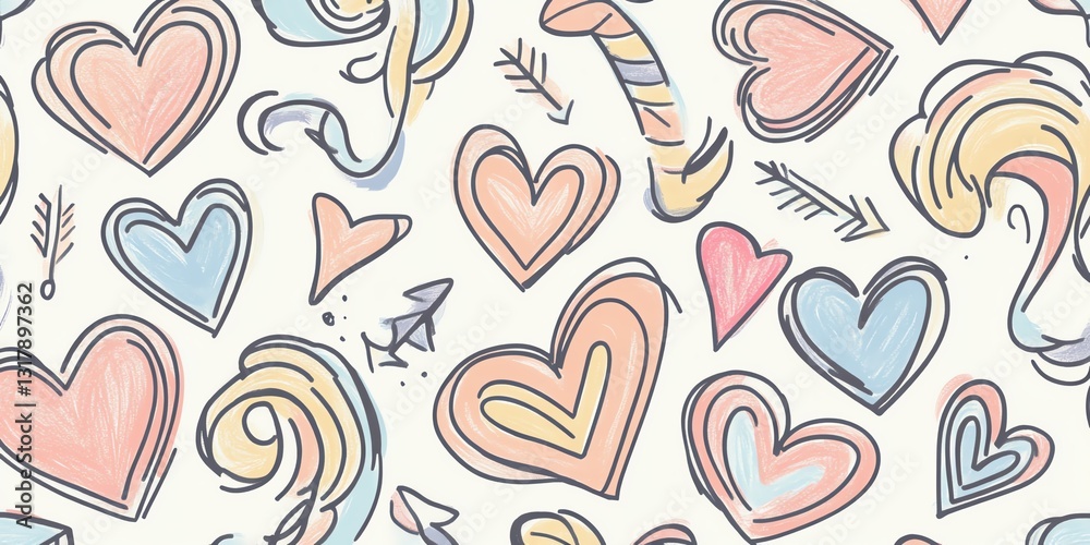 Naklejka premium Colorful Hand-Drawn Hearts and Swirls on a Light Background Create a Joyful and Playful Atmosphere