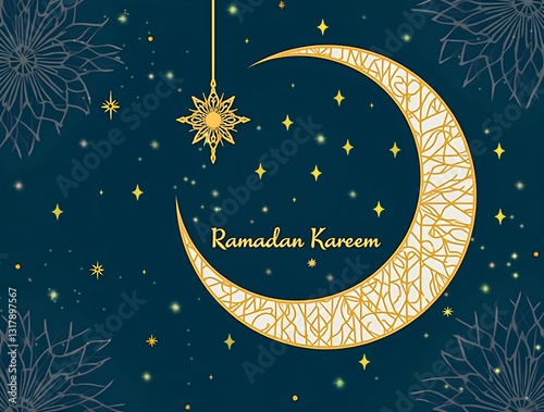 Elegant golden crescent moon with intricate patterns and Ramadan Kareem text. A perfect festive design for Islamic holiday greetings and Ramadan celebrations. photo