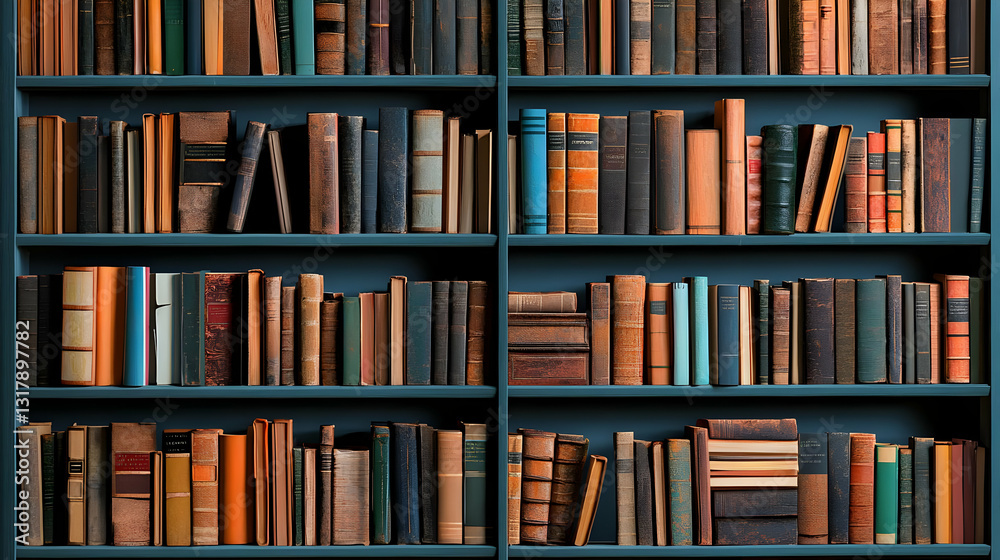 Extensive Collection Of Antique Books In Dark Blue Bookshelves With Warm Lighting Extensive Collection Of Antique Books In Dark Blue Bookshelves With Warm Lighting