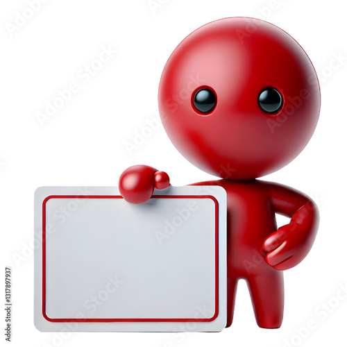 Cute red 3d man holding blank card isolated on white background