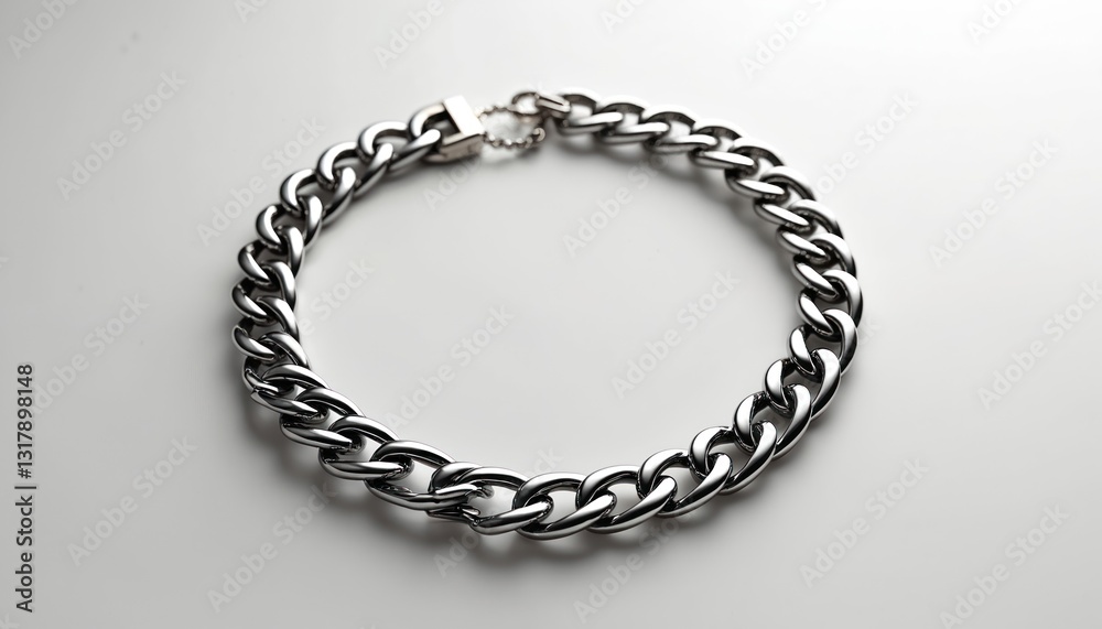 Obraz premium Silver chain bracelet on white background. Metal jewelry accessory. Fashionable unisex bracelet for wrist with classic link design. Elegant polished gift, luxury ornate present, detail premium