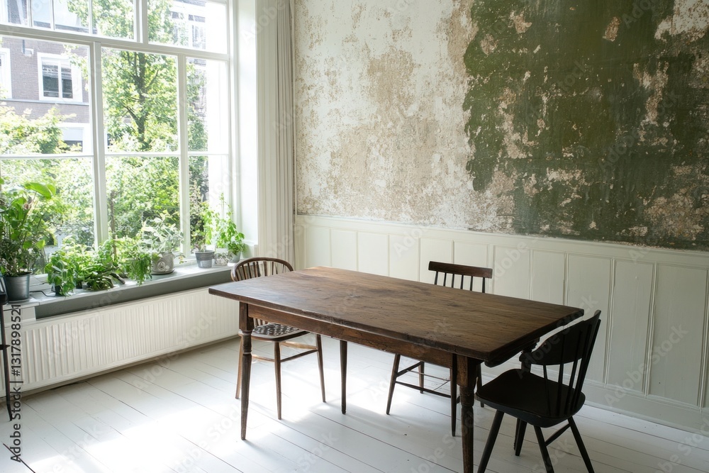 Sunlit dining room with rustic wooden table, chairs, and textured wall. Sunlit dining room with rustic wooden table, chairs, and textured wall.