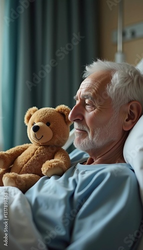 In a quiet hospital room at dawn, an elderly man rests peacefully in his bed, holding a teddy bear that symbolizes companionship and resilience during his recovery