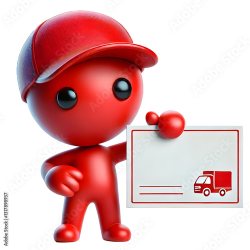 Cute red 3d man holding blank card isolated on white background