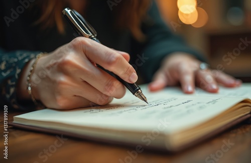 Close-up of woman writing in journal with fountain pen. Author at work, planning story, taking notes, creative writing, journaling. Screenwriter writes script, novel on desk.