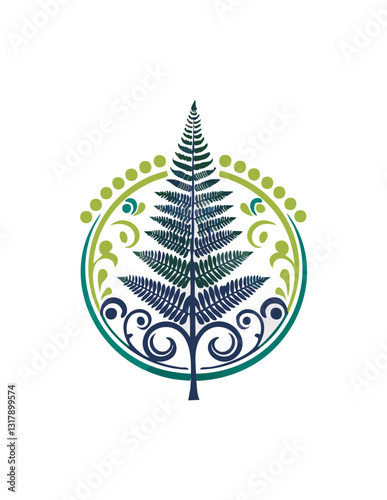 A stylized fern tree with Māori-inspired patterns and circular elements in green and blue, symbolizing nature and cultural heritage.