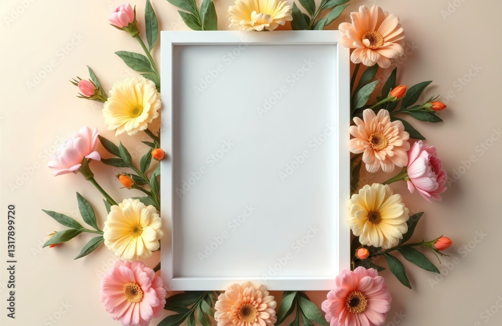 Elegant frame mockup decorated with flowers. Portrait poster frame, empty white frame for artwork presentation. Roses, gerberas, daisy frame with leaves, buds for wedding greeting card, invitation Elegant frame mockup decorated with flowers. Portrait poster frame, empty white frame for artwork presentation. Roses, gerberas, daisy frame with leaves, buds for wedding greeting card, invitation