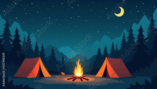 Night Camping in the Mountains: Two tents are pitched amidst a tranquil forest scene under a starlit sky and crescent moon, a warm campfire crackling between them, promising a peaceful night's rest. 
