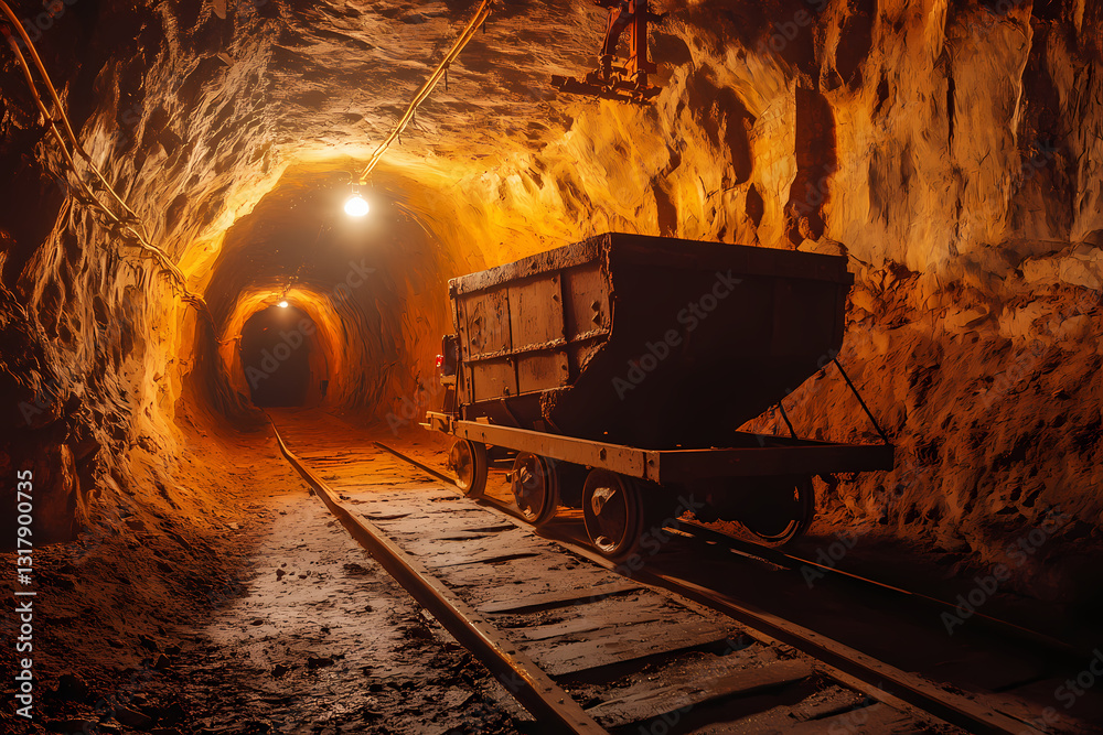 Naklejka premium Sturdy Mine Cart Rolling Through an Underground Shaft for Industrial Photography