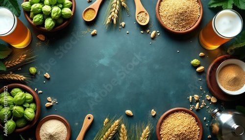 Flat lay composition featuring beer ingredients hops, barley, yeast, malt. Craft brewing concept with grain, green hop cones, beer glass. Ideal for brewery advertising, posters, prints, beerhouse