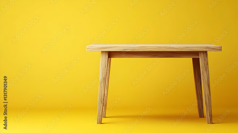 Light Wooden Table Against A Vibrant Yellow Backdrop In A Minimalist Studio Setting Light Wooden Table Against A Vibrant Yellow Backdrop In A Minimalist Studio Setting