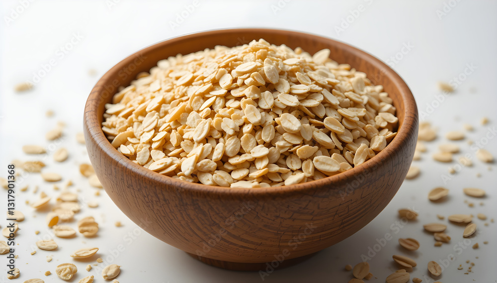 Oatmeal flakes in wooden bowl healthy breakfast food fiber rich diet nutrition whole grain cereal close up view transparent background Oatmeal flakes in wooden bowl healthy breakfast food fiber rich diet nutrition whole grain cereal close up view transparent background