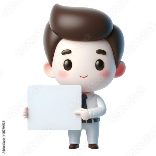 Cute white man 3d holding blank card isolated on white background