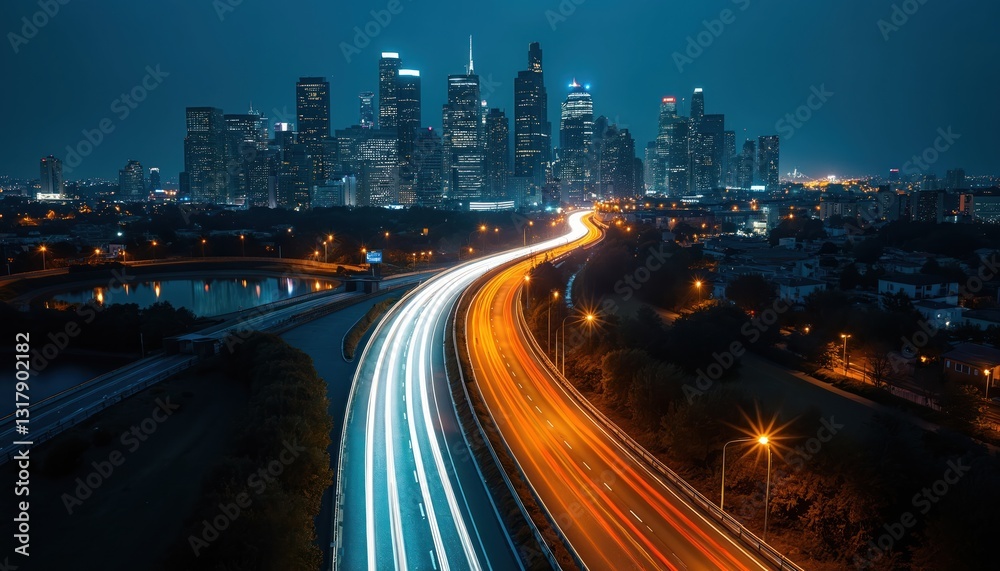 Fototapeta premium Night city skyline view with light trails, modern architecture. Urban cityscape illuminated at dusk. Transport vehicle traffic, dynamic road, glowing headlamps. Long exposure photo captures vibrant