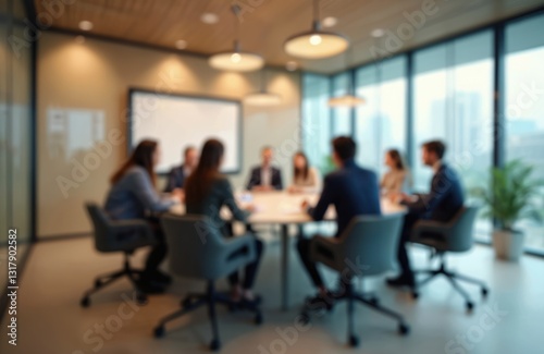 Blurred diverse business people meet in conference room. Corporate team sitting at table at seminar, discussing financial strategy, marketing plans. Blurred office interior, window view for