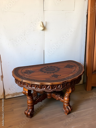 A rustic, hand-carved wooden semit table with intricately inlaid patterns and ornate legs sits against a distressed