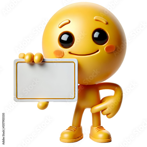 Cute yellow man 3d holding blank card isolated on white background