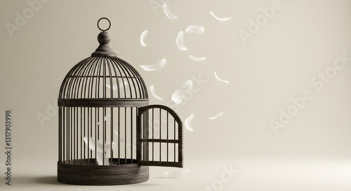 Open Birdcage with Floating Feathers Symbolizing Freedom and Liberation