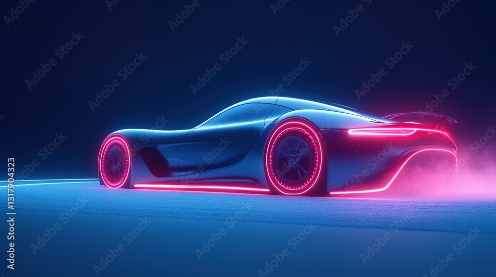 Naklejka premium Futuristic sports car illuminated by vibrant neon lights