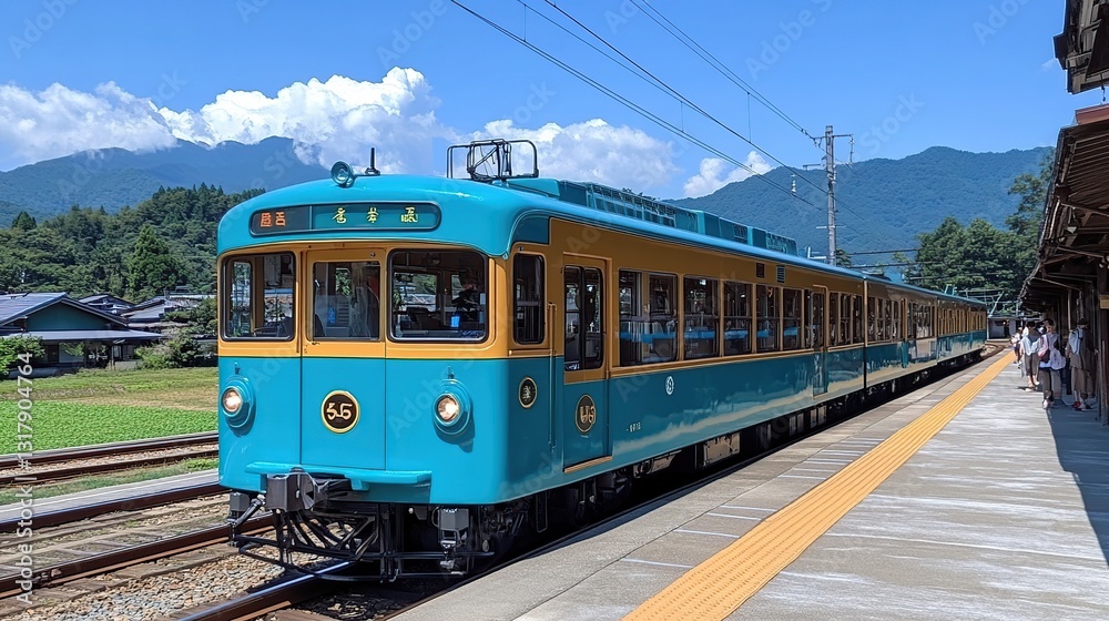 Turquoise train at a rural station, mountains in the background Turquoise train at a rural station, mountains in the background