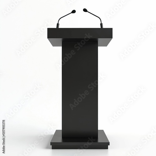 Black podium with attached microphones on white background. Lectern for public speaking, modern minimalist design. Stage for speech, presentation, conference, seminar event. Orator furniture formal