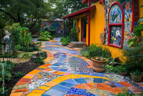 Colorful Garden with Ceramic Tile Paths for an Eclectic Outdoor Vibe