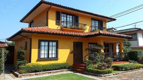 Charming two-story home with vibrant yellow exterior, landscaped gardens, and modern design