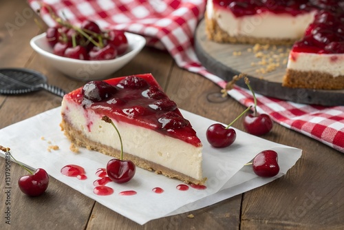 Delicious cherry cheesecake slice with fresh cherries and red glaze on a rustic wooden table