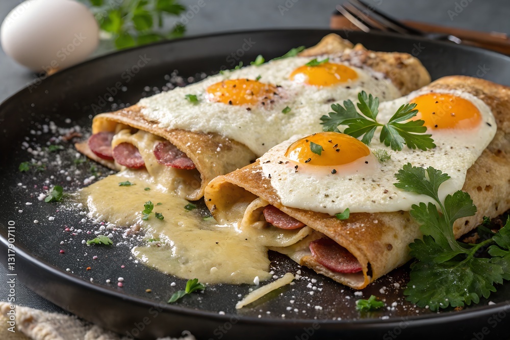 Delicious Crepes Filled with Sausage and Topped with Fried Eggs Served on a Dark Plate Delicious Crepes Filled with Sausage and Topped with Fried Eggs Served on a Dark Plate