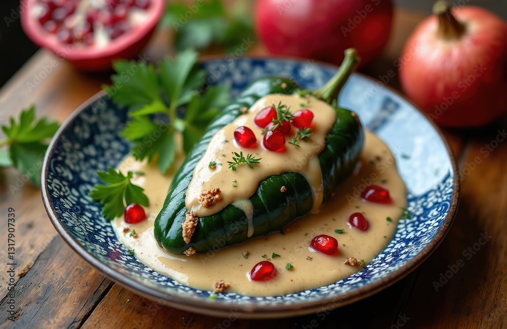 Chiles en Nogada served on ornamented plate. Traditional Mexican dish with poblano chili, meat, fruits, walnut sauce. Garnished with pomegranate seeds, parsley for festive look. National holiday Chiles en Nogada served on ornamented plate. Traditional Mexican dish with poblano chili, meat, fruits, walnut sauce. Garnished with pomegranate seeds, parsley for festive look. National holiday