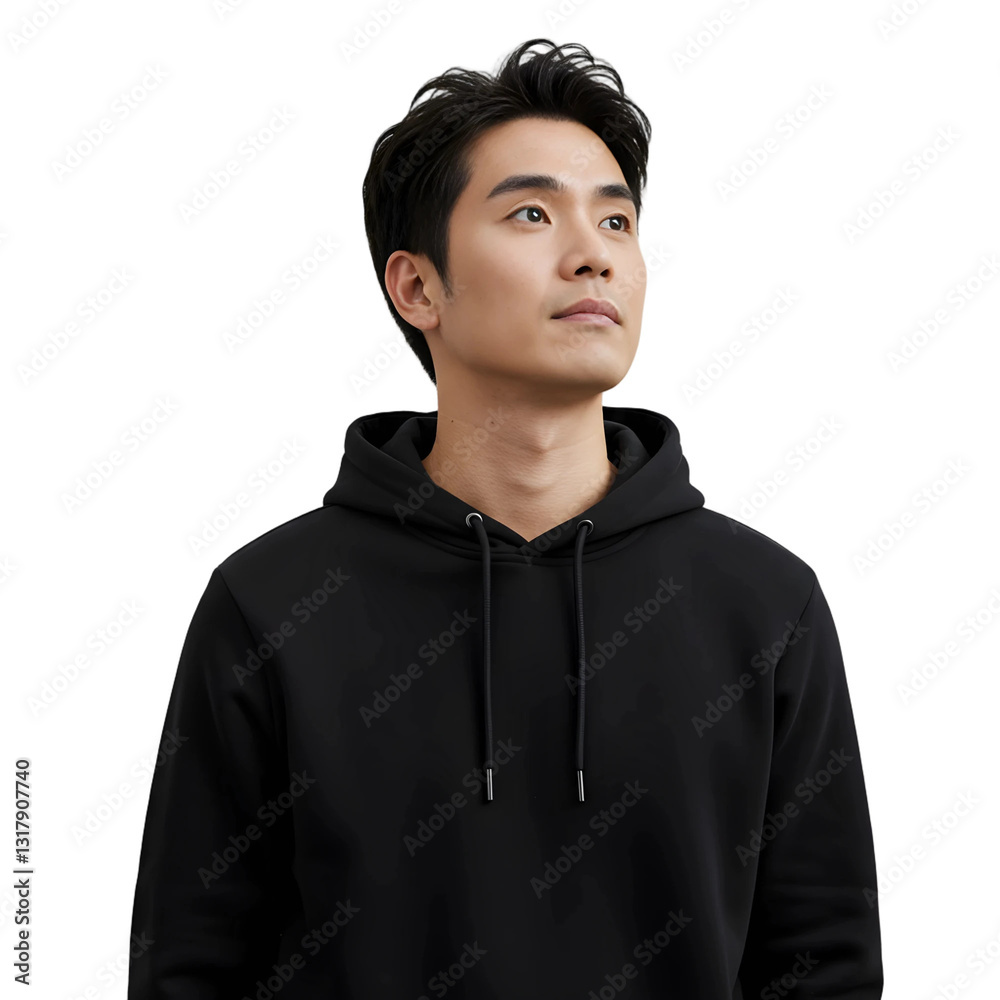 Handsome Man Wearing Black Hoodie, Looking Up, Isolated on Transparent Background, PNG Handsome Man Wearing Black Hoodie, Looking Up, Isolated on Transparent Background, PNG