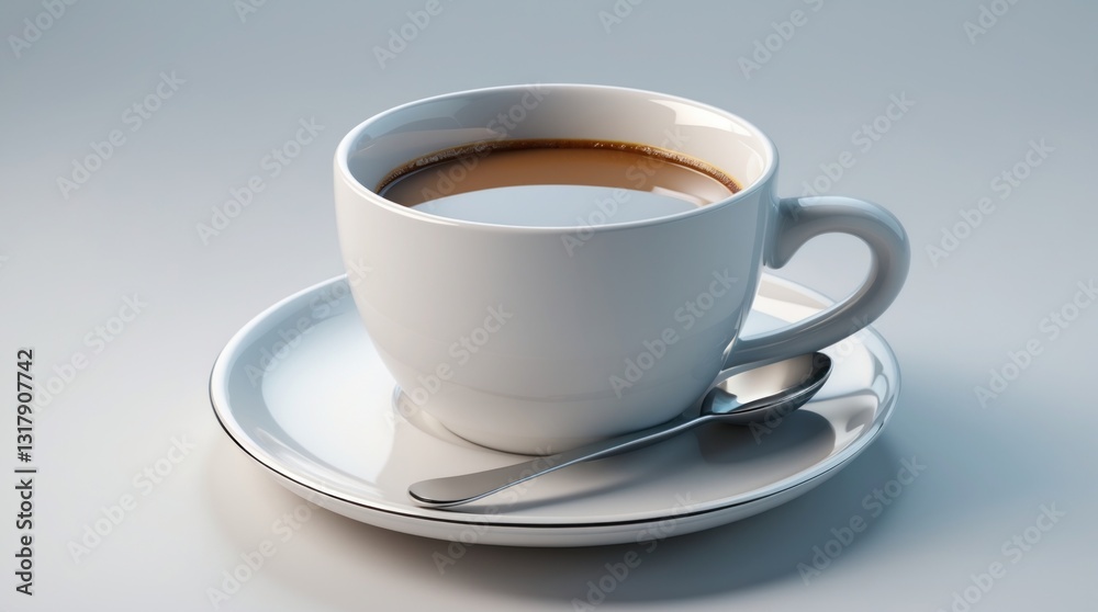 A steaming cup of coffee on a saucer with a spoon, perfect for morning routines and cozy moment A steaming cup of coffee on a saucer with a spoon, perfect for morning routines and cozy moment