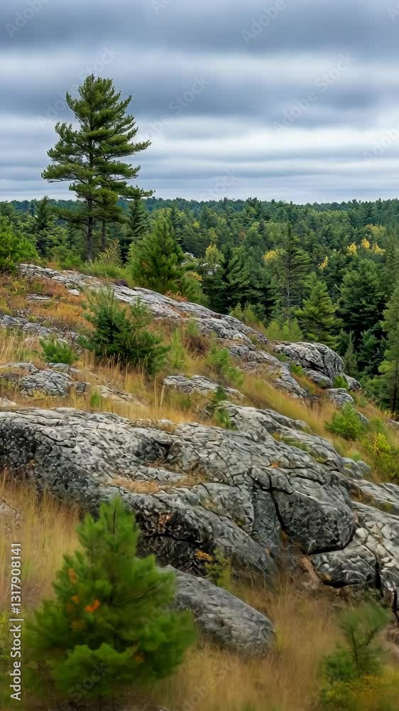 Scenic view of rocky terrain and pine trees in a forest setting under a cloudy sky Scenic view of rocky terrain and pine trees in a forest setting under a cloudy sky