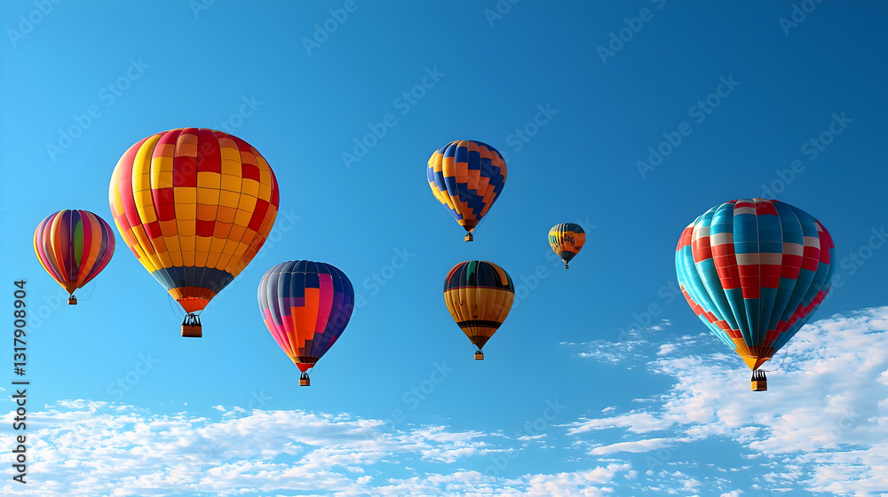 Fototapeta premium Group Of Colorful Hot Air Balloons Floating Against A Bright Blue Sky With Wispy Clouds During Daytime
