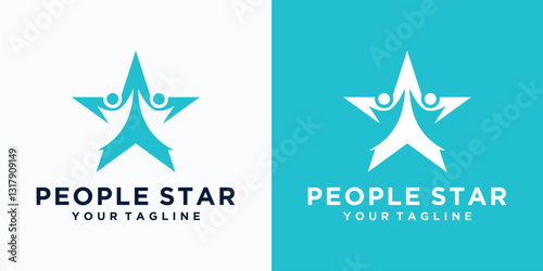 star logo design and silhouette of two successful people with green and yellow colors