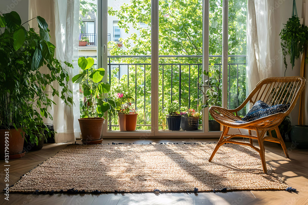Inviting Home with Textured Rug and Balcony Plants for Cozy Urban Living Inviting Home with Textured Rug and Balcony Plants for Cozy Urban Living