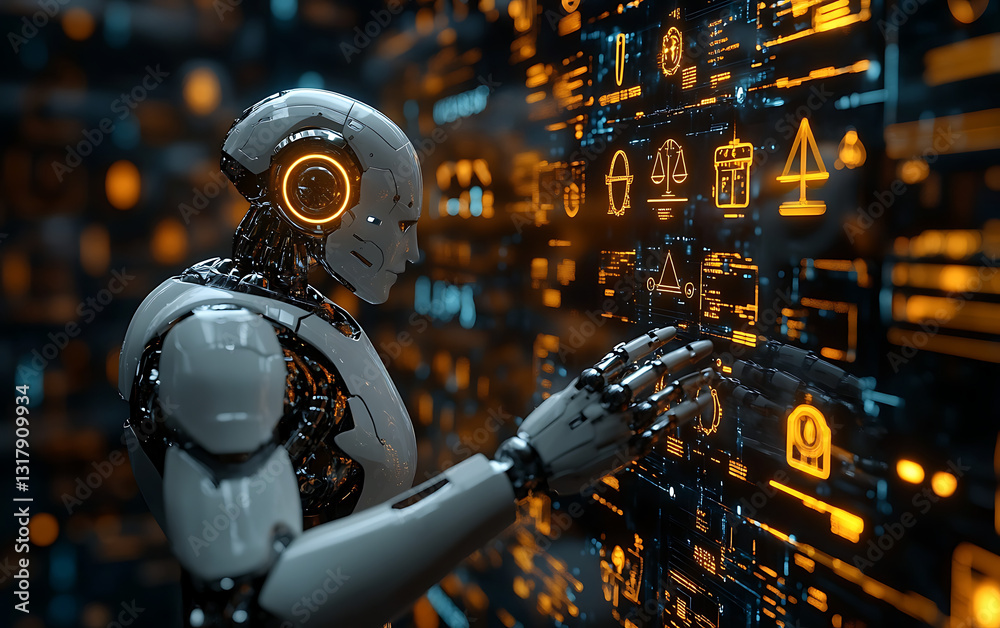 Fototapeta premium Robotic Hand Reaching for AI Ethics Holographic Icons