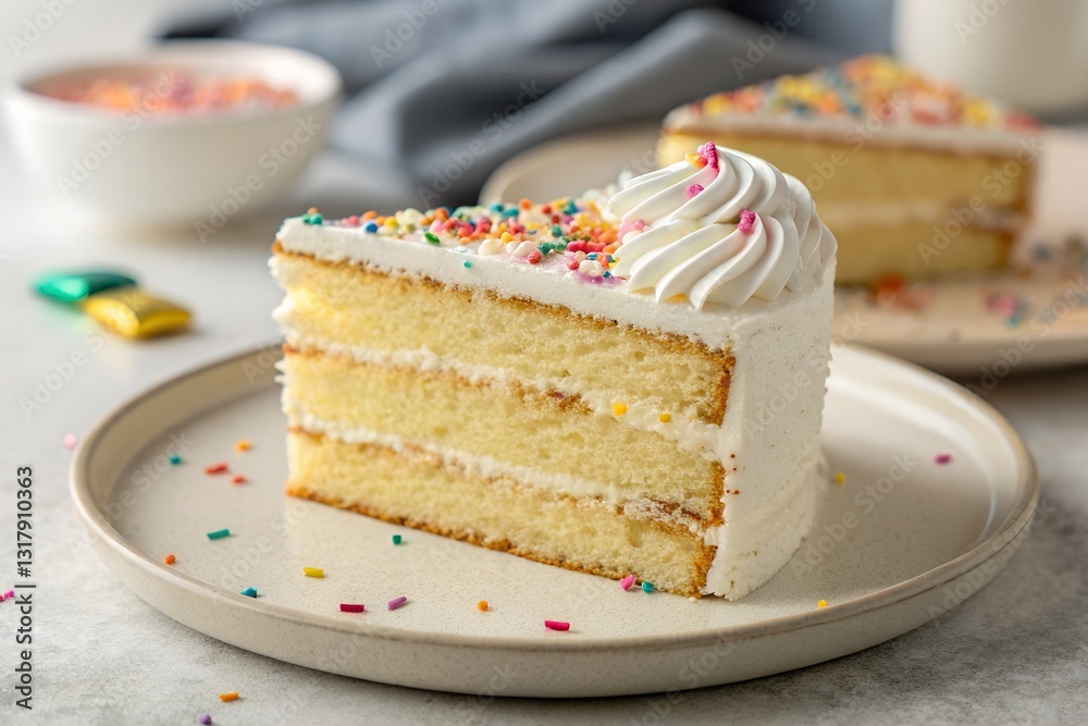 Delicious Slice of Birthday Cake with Sprinkles and Cream on Plate Ready to Eat Delicious Slice of Birthday Cake with Sprinkles and Cream on Plate Ready to Eat