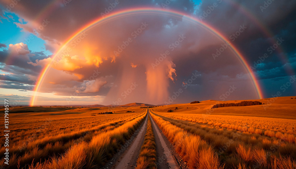 Obraz premium Vibrant rainbow arching over golden fields at sunset