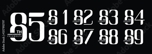 collection of 81 to 89 year anniversary logo designs with creative numbers in white on black background