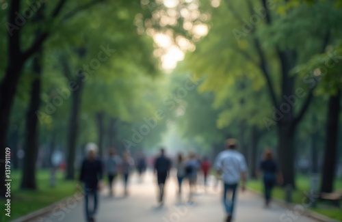 Fototapeta Naklejka Na Ścianę i Meble -  Blurred people walk in city park on summer day. Green trees bokeh background. Defocused people in motion blur on road. Urban nature scene for travel content.