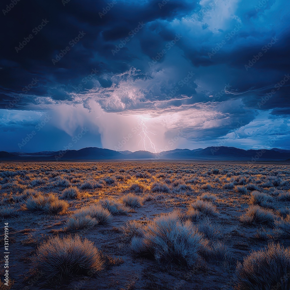 Fototapeta premium Dramatic Lightning Storm Over Open Plain at Dusk with Clouds