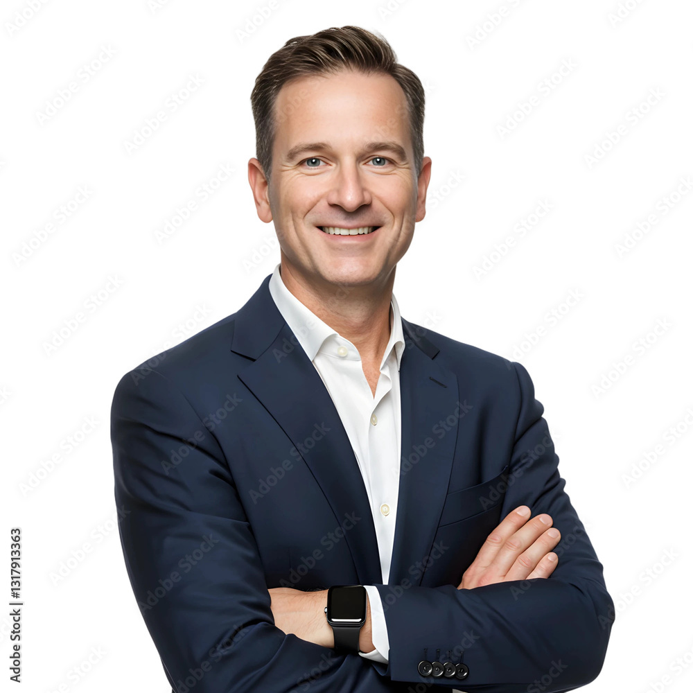 Portrait of a Handsome Businessman in a Suit, Smiling, Isolated on Transparent Background, PNG 