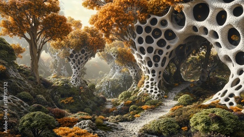 A surreal forest with trees and plants in a fantastical landscape.