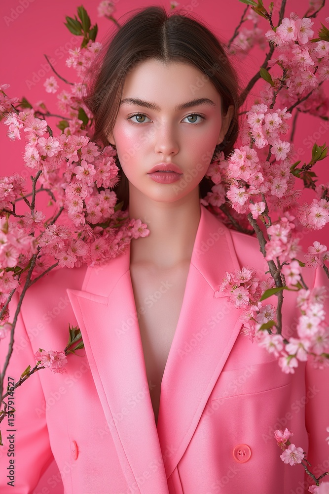 Fototapeta premium Personification of flowers. Female model. Pink accents. Pink flowers. Cherry blossoms. Pink suit. Perfume. Elegant. Pretty. Beautiful.