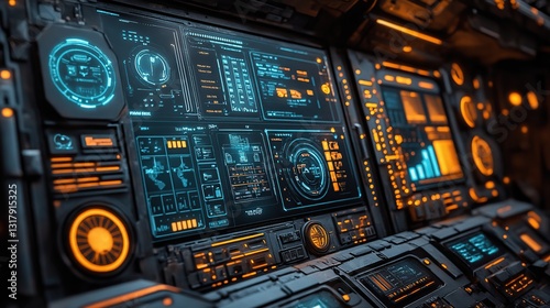 Futuristic cockpit dashboard with glowing displays